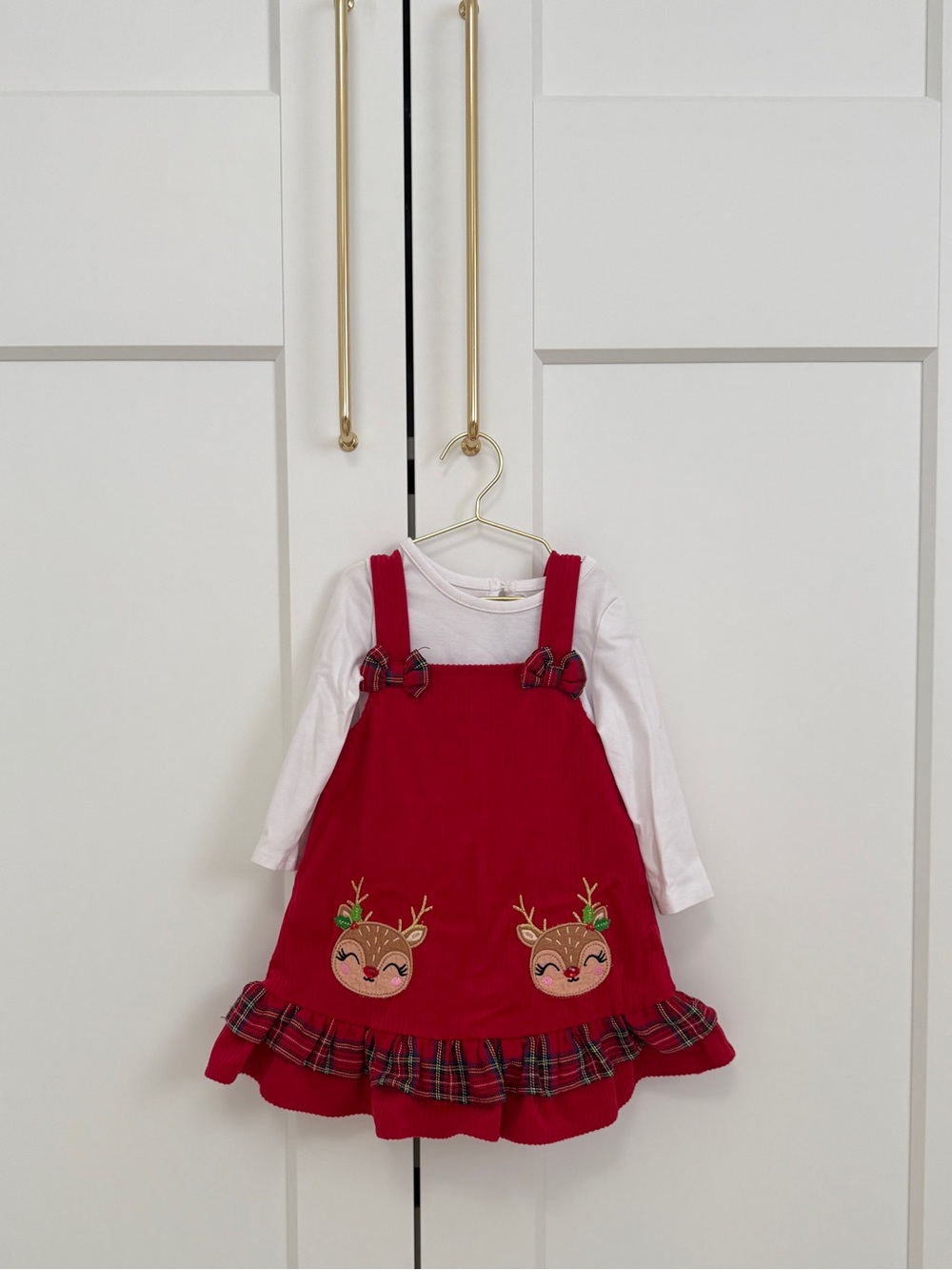 Rare Editions Christmas Red and White Girls Dress with Plaid Trim & Reindeer’s